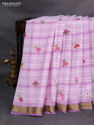 Off White & Lavender Pure Mysore Silk - Digital Prints