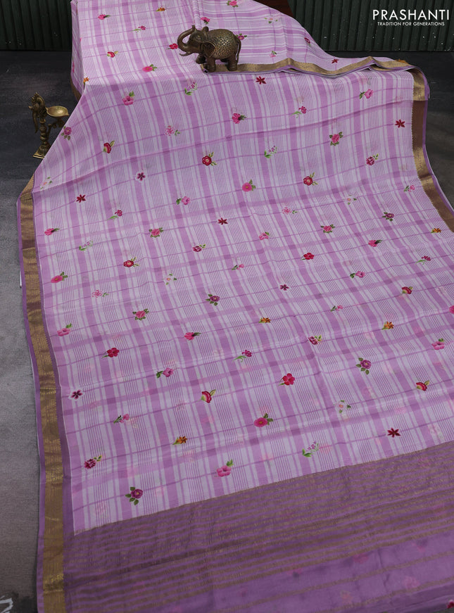 Off White & Lavender Pure Mysore Silk - Digital Prints