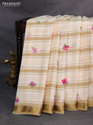 Off White & Sandal Pure Mysore Silk - Digital Prints