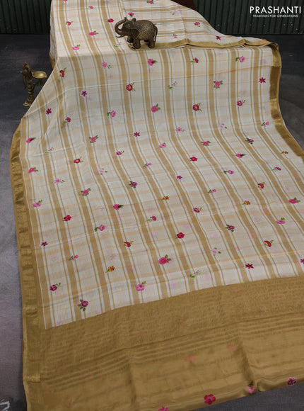 Off White & Sandal Pure Mysore Silk - Digital Prints