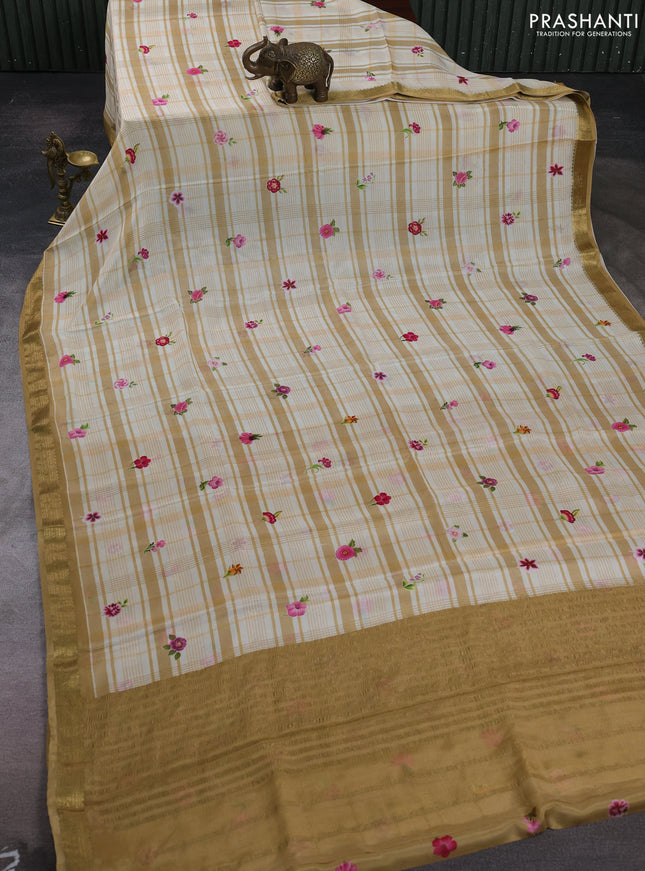 Off White & Sandal Pure Mysore Silk - Digital Prints