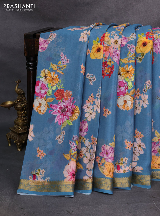 Blue Pure Mysore Silk - Digital Prints