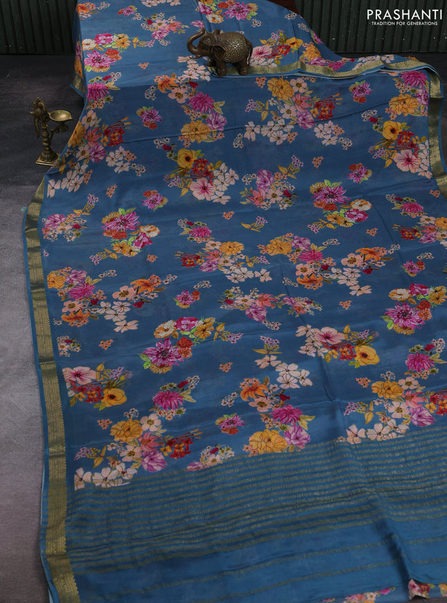 Blue Pure Mysore Silk - Digital Prints
