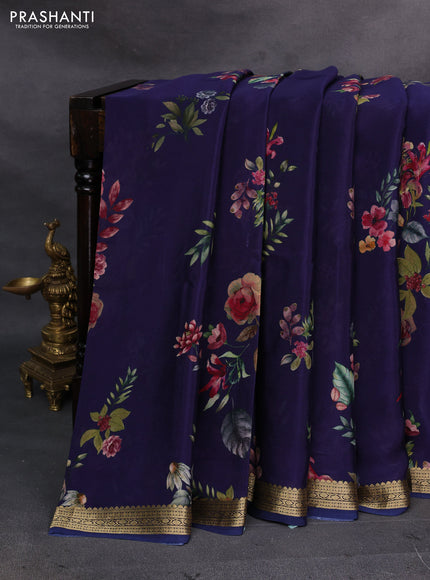 Navy Blue Pure Mysore Silk - Digital Prints