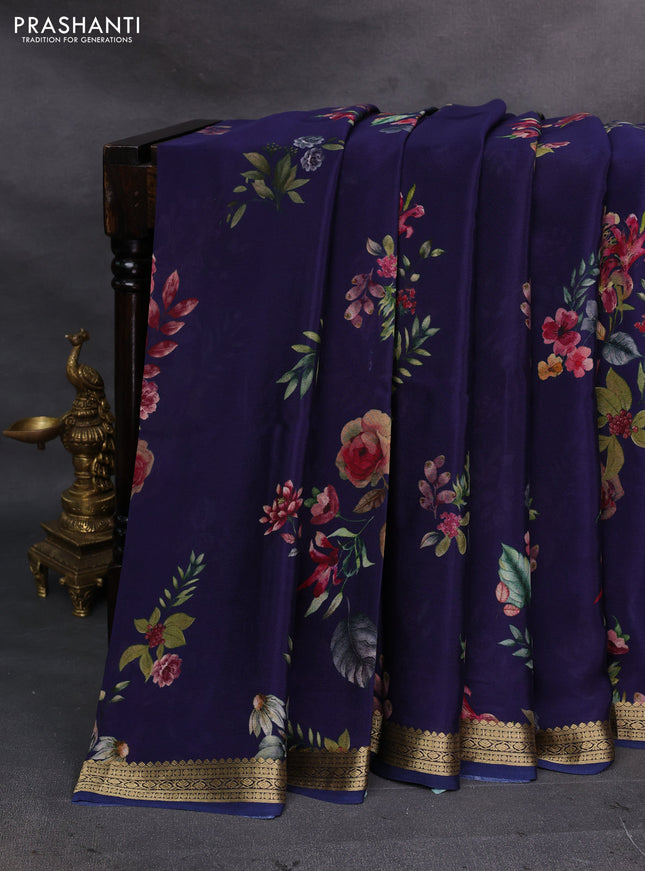 Navy Blue Pure Mysore Silk - Digital Prints