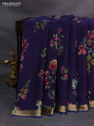 Navy Blue Pure Mysore Silk - Digital Prints