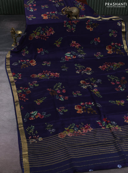 Navy Blue Pure Mysore Silk - Digital Prints