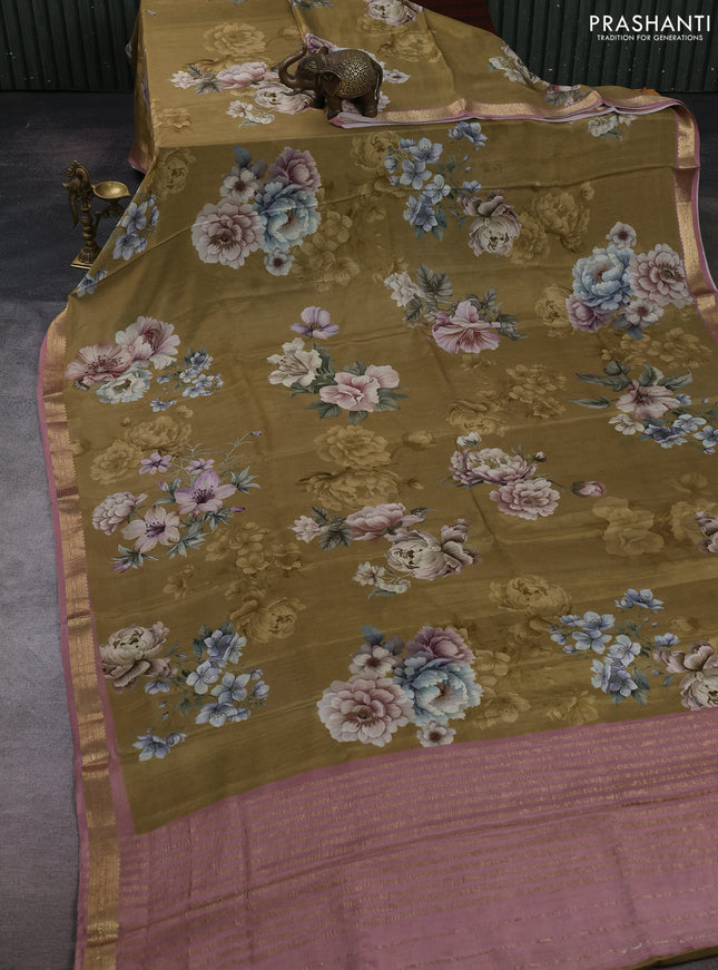 Mehendi Green & Mauve Pink Pure Mysore Silk - Digital Prints