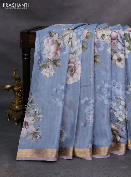 Grey & Pastel Lavender Pure Mysore Silk - Digital Prints
