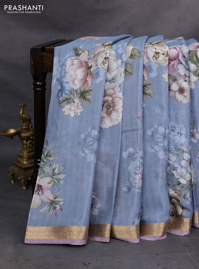 Grey & Pastel Lavender Pure Mysore Silk - Digital Prints