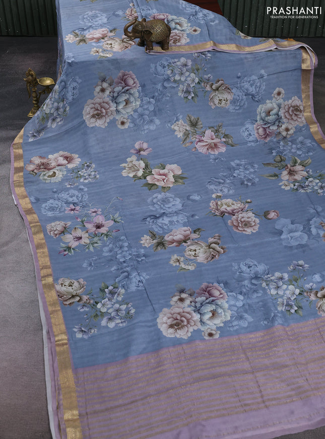 Grey & Pastel Lavender Pure Mysore Silk - Digital Prints