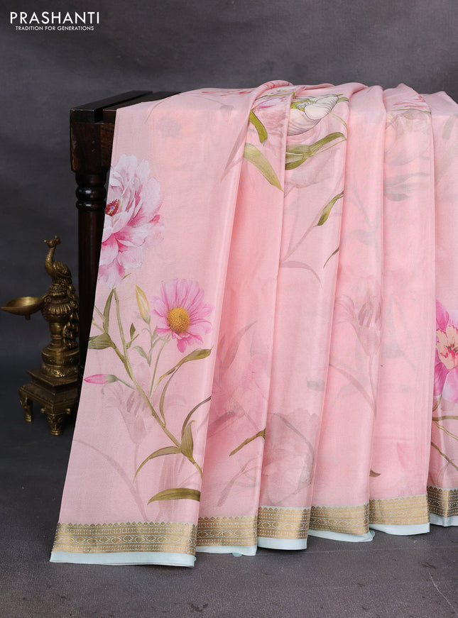 Peach Pink & Teal Green Pure Mysore Silk - Digital Prints