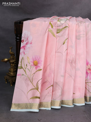 Peach Pink & Teal Green Pure Mysore Silk - Digital Prints