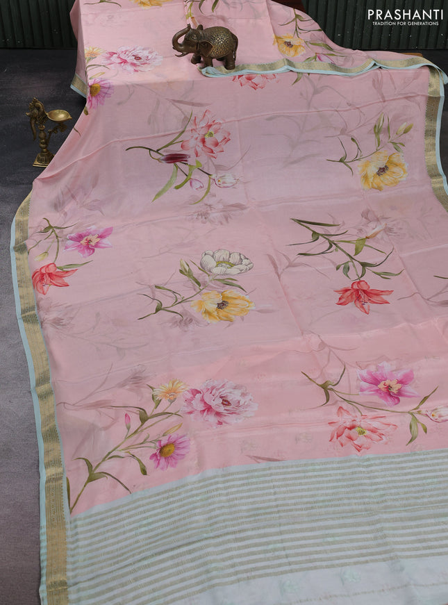 Peach Pink & Teal Green Pure Mysore Silk - Digital Prints