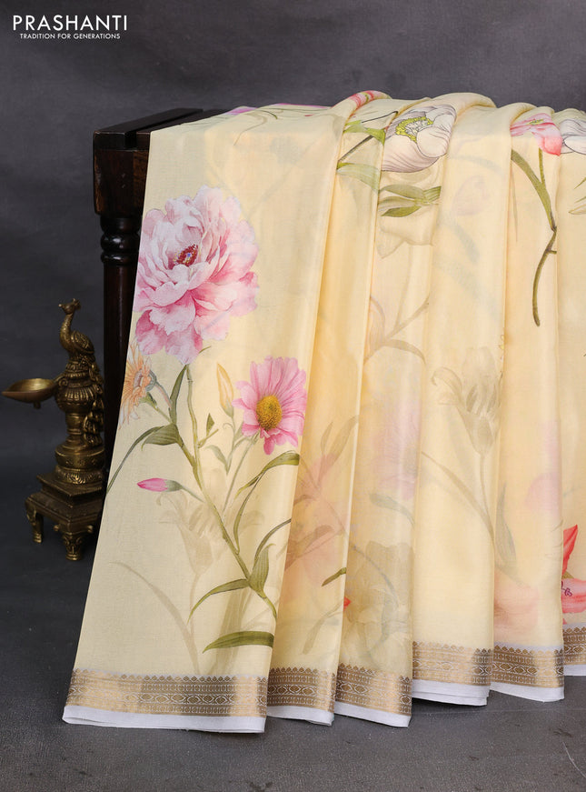 Pale Yellow & Grey Pure Mysore Silk - Digital Prints