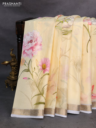 Pale Yellow & Grey Pure Mysore Silk - Digital Prints