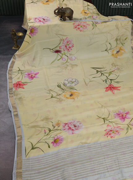 Pale Yellow & Grey Pure Mysore Silk - Digital Prints