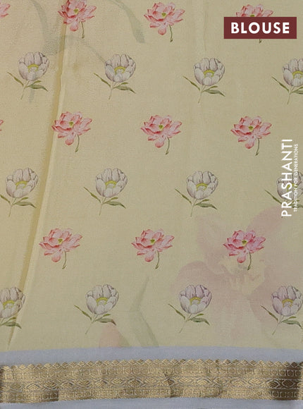 Pale Yellow & Grey Pure Mysore Silk - Digital Prints