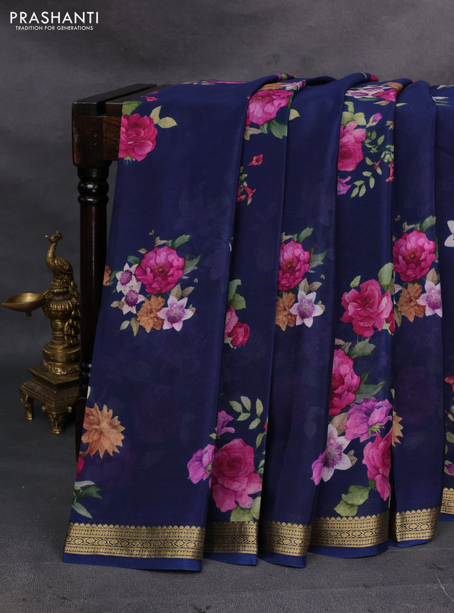 Navy Blue Pure Mysore Silk - Digital Prints
