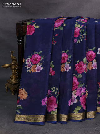 Navy Blue Pure Mysore Silk - Digital Prints