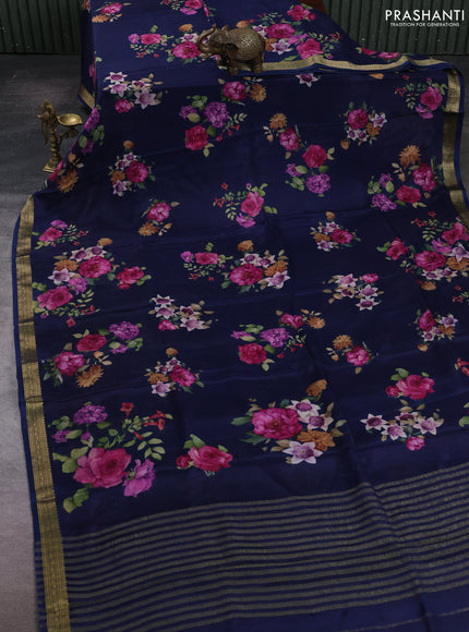 Navy Blue Pure Mysore Silk - Digital Prints