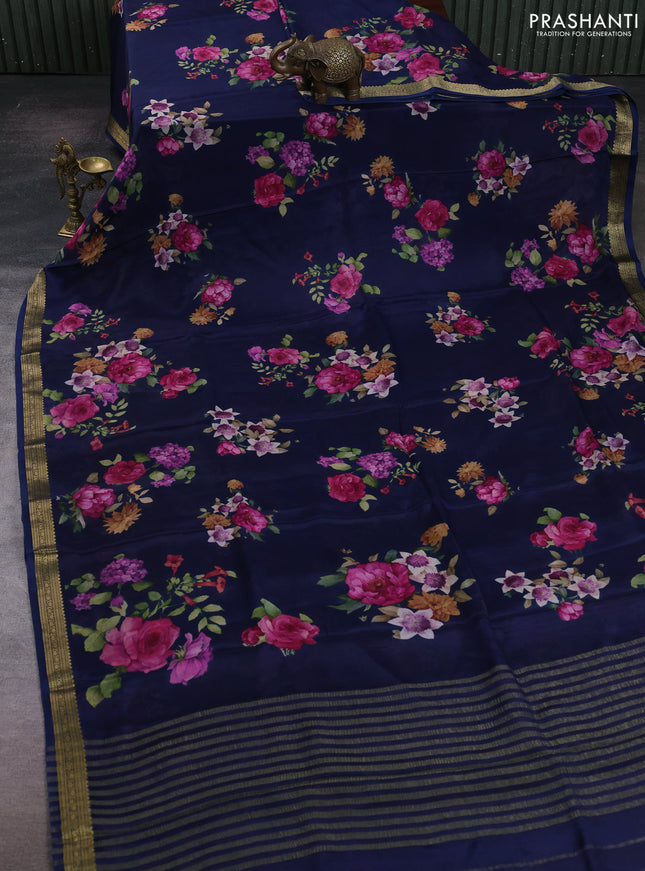 Navy Blue Pure Mysore Silk - Digital Prints