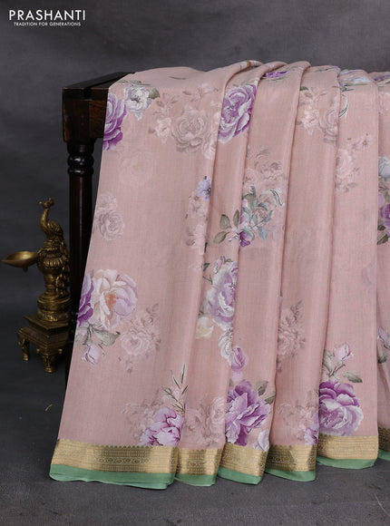 Pastel Pink & Green Pure Mysore Silk - Digital Prints