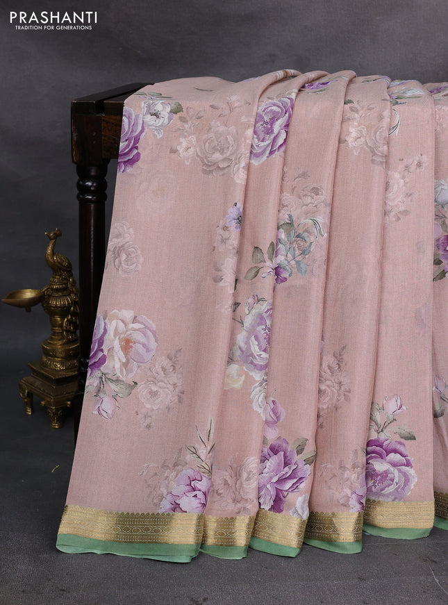 Pastel Pink & Green Pure Mysore Silk - Digital Prints