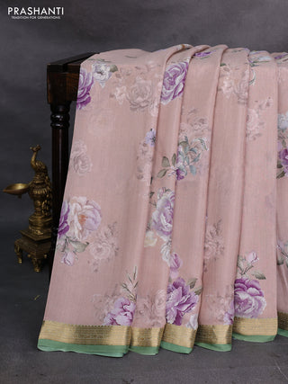 Pastel Pink & Green Pure Mysore Silk - Digital Prints