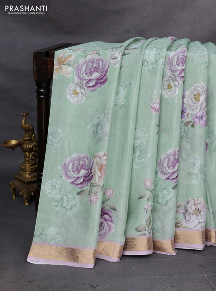 Teal Green & Lavender Pure Mysore Silk - Digital Prints