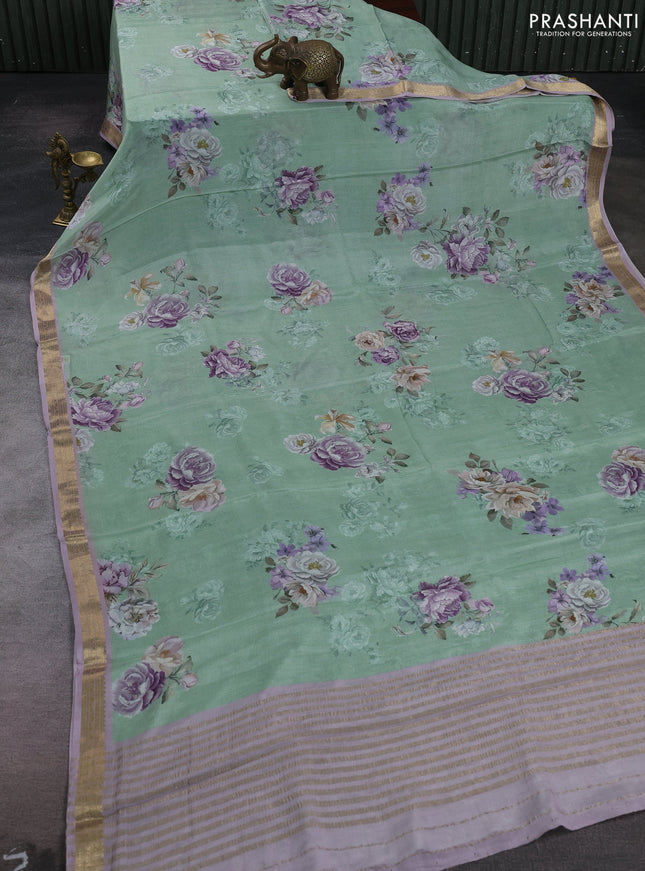 Teal Green & Lavender Pure Mysore Silk - Digital Prints