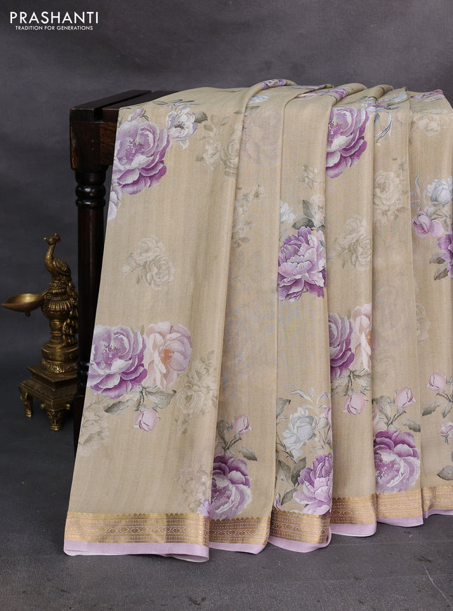 Beige & Lavender Pure Mysore Silk - Digital Prints