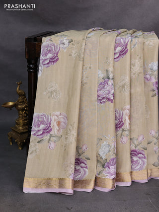 Beige & Lavender Pure Mysore Silk - Digital Prints