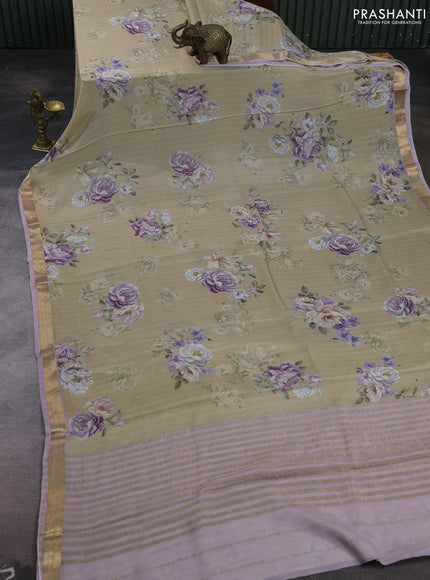 Beige & Lavender Pure Mysore Silk - Digital Prints