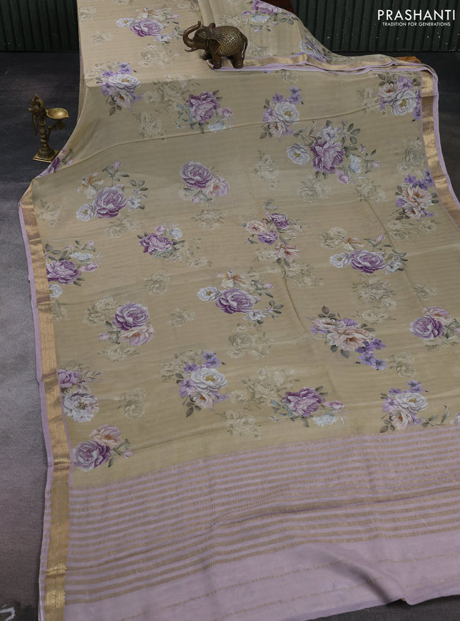 Beige & Lavender Pure Mysore Silk - Digital Prints