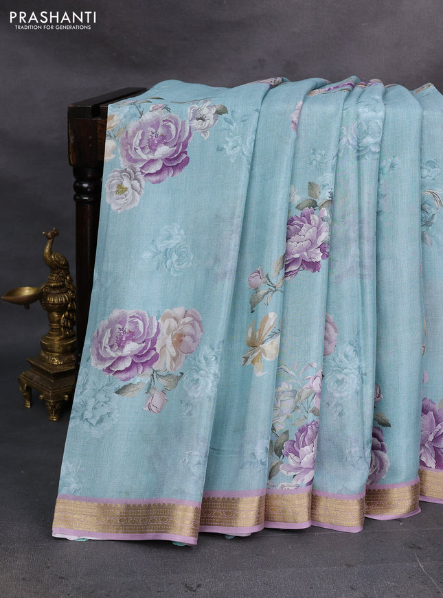 Teal Blue & Lavender Pure Mysore Silk - Digital Prints