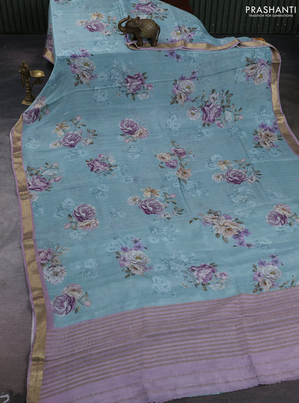 Teal Blue & Lavender Pure Mysore Silk - Digital Prints