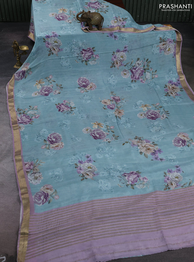 Teal Blue & Lavender Pure Mysore Silk - Digital Prints