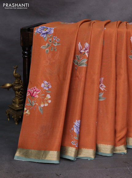 Rust & Pastel Green Pure Mysore Silk - Digital Prints
