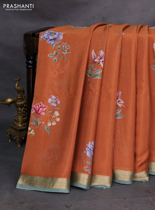 Rust & Pastel Green Pure Mysore Silk - Digital Prints