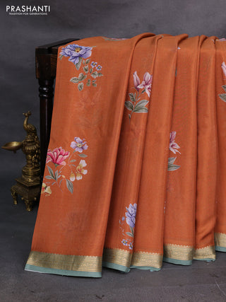 Rust & Pastel Green Pure Mysore Silk - Digital Prints