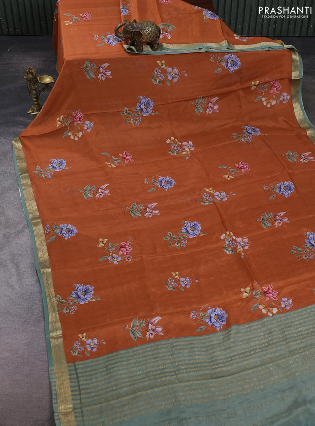 Rust & Pastel Green Pure Mysore Silk - Digital Prints