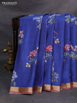 Blue & Peach Pure Mysore Silk - Digital Prints
