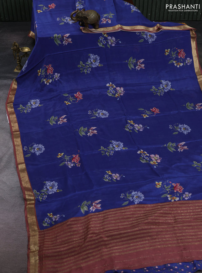 Blue & Peach Pure Mysore Silk - Digital Prints