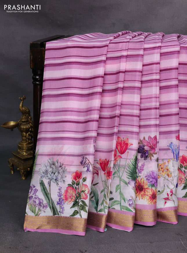 Mauve Pink Ombre & Off White Pure Mysore Silk - Digital Prints