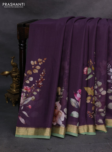 Purple & Pastel Green Pure Mysore Silk - Digital Prints