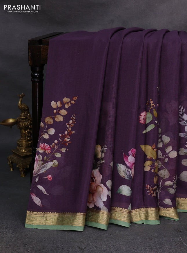 Purple & Pastel Green Pure Mysore Silk - Digital Prints