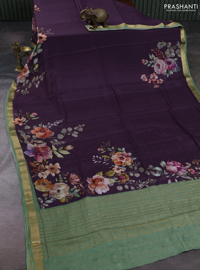 Purple & Pastel Green Pure Mysore Silk - Digital Prints