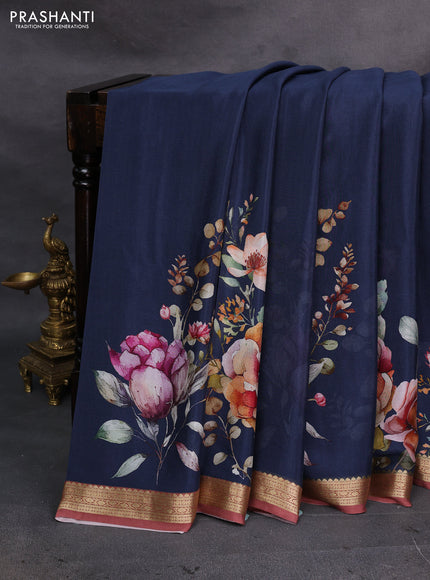 Grey & Peach Pure Mysore Silk - Digital Prints