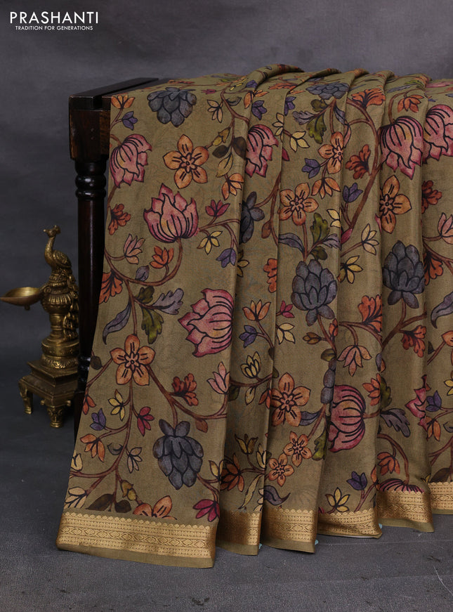 Olive Green Pure Mysore Silk - Digital Prints